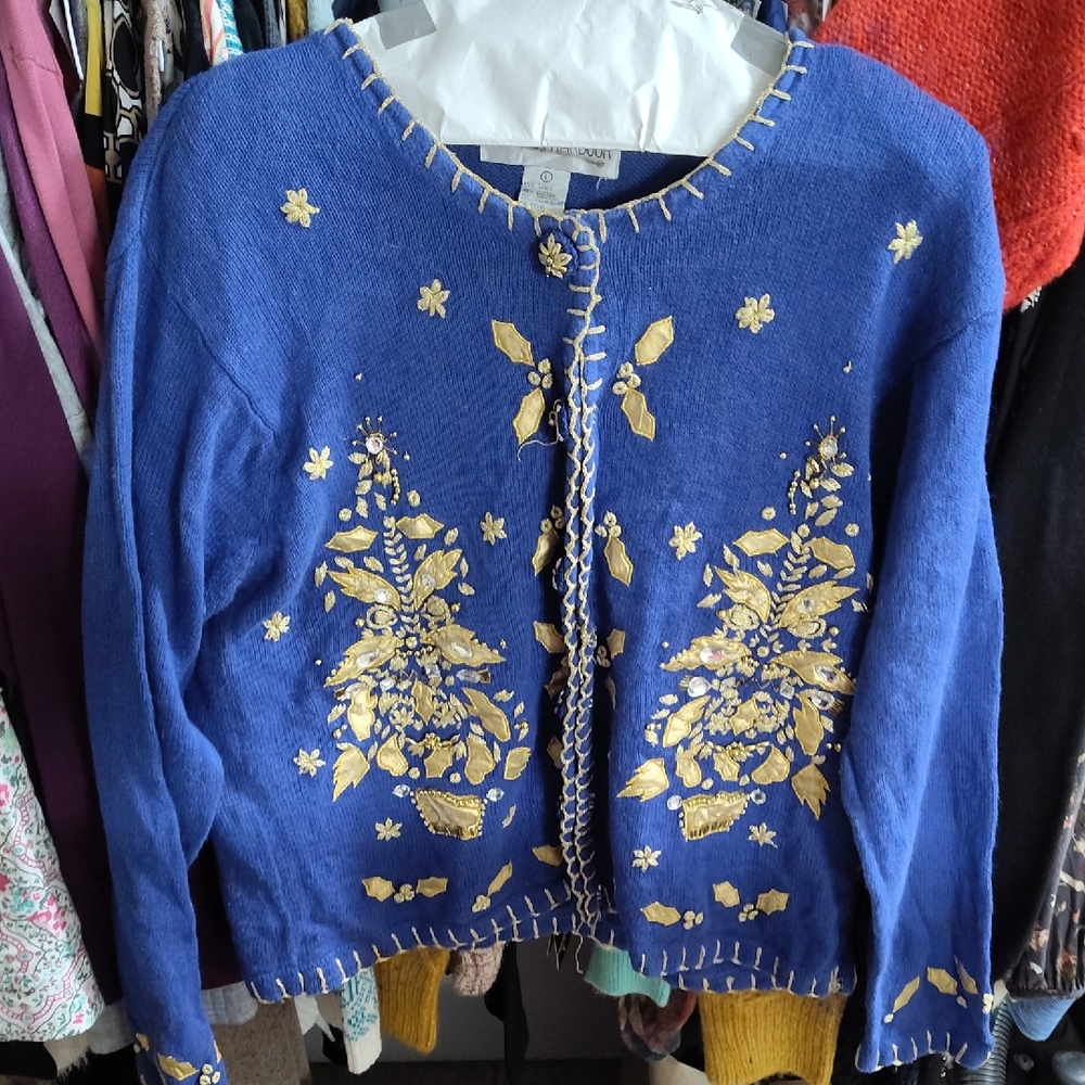 Elegant Blue Cardigan with Gold Embroidery